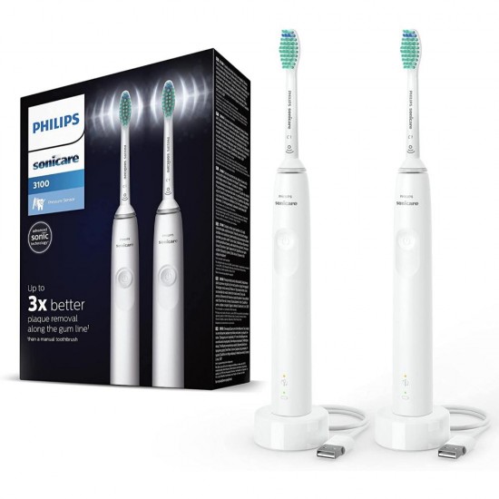 Philips Sonicare 3100 Series Ηλεκτρική Οδοντόβουρτσα με Χρονομετρητή και Αισθητήρα Πίεσης 2τμχ White (HX3675/13) (PHIHX3675-13)